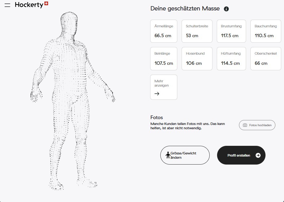 Digitales Körperprofil von Hockerty mit dreizehn geschätzten Massen